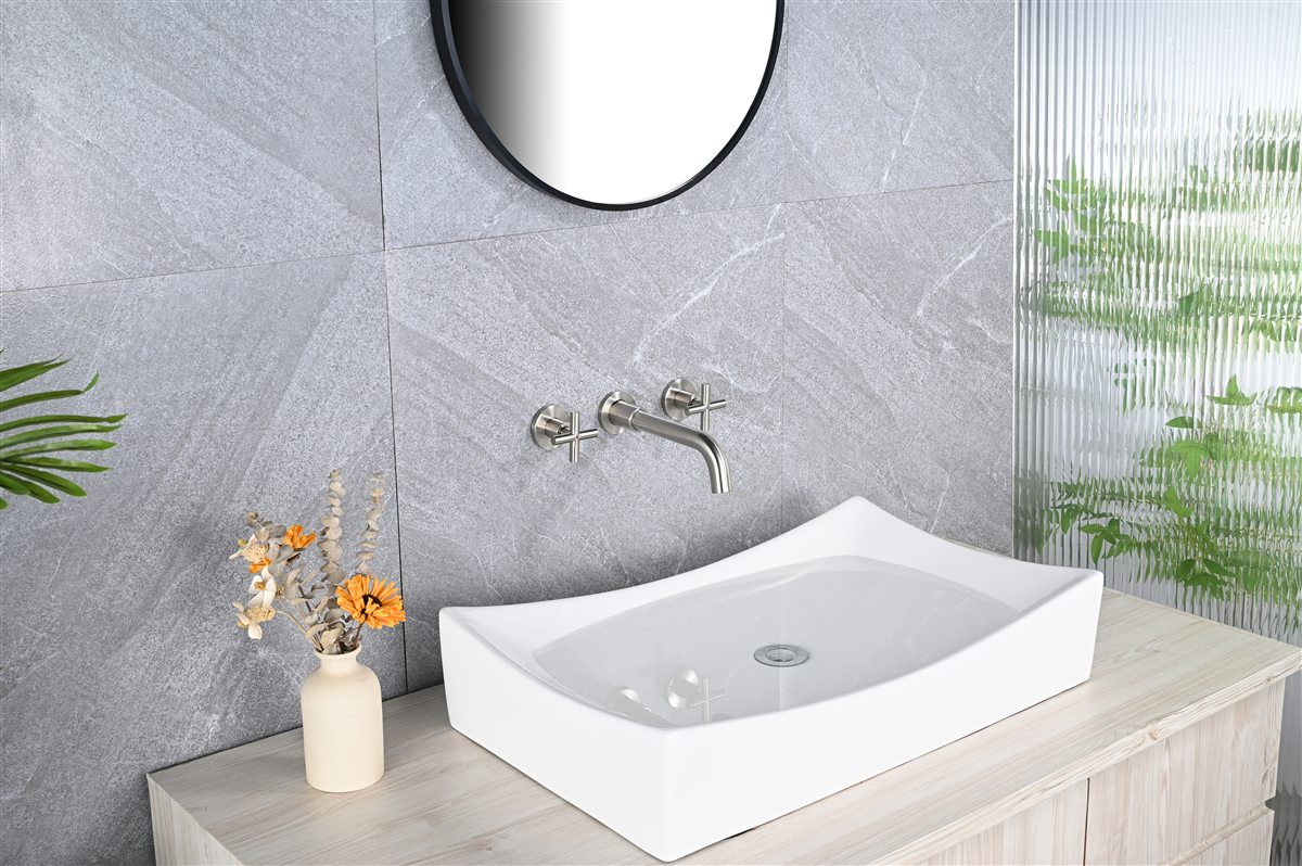 Brushed nickel wall-mount faucet with a vessel sink