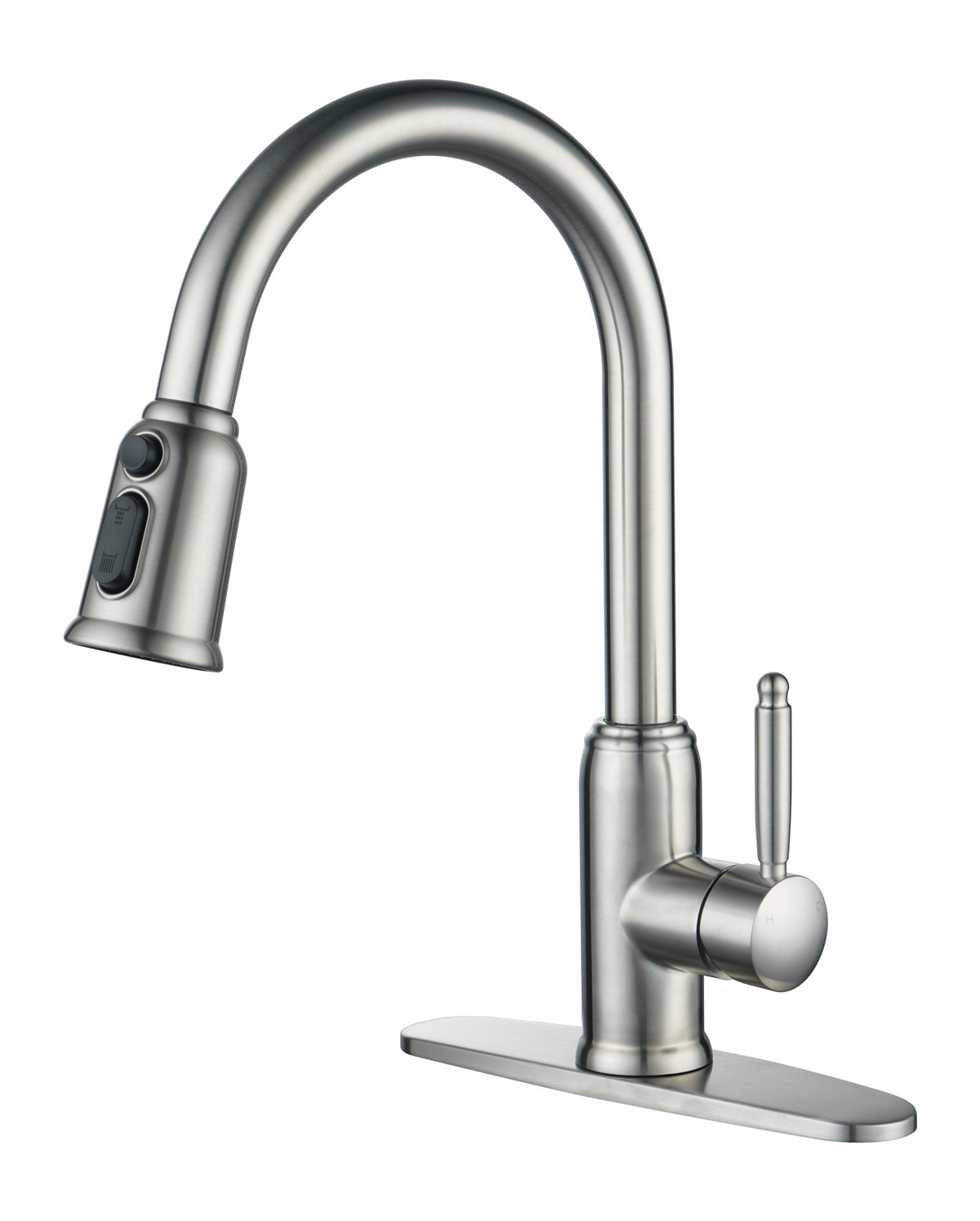 Brushed nickel pull-out kitchen faucet on white